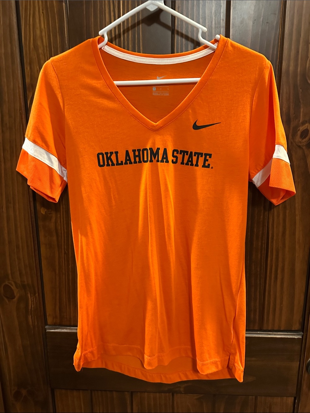 Nike Orange Oklahoma State V-Neck Tee with White Sleeve Stripes